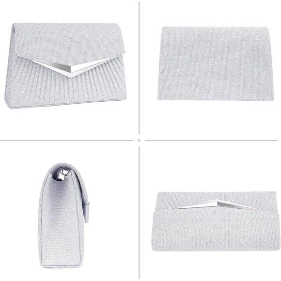 Women's Silver 2 Clutch Purses Sparkling Envelope Evening Bag Detachable Chain - Picture 4 of 7